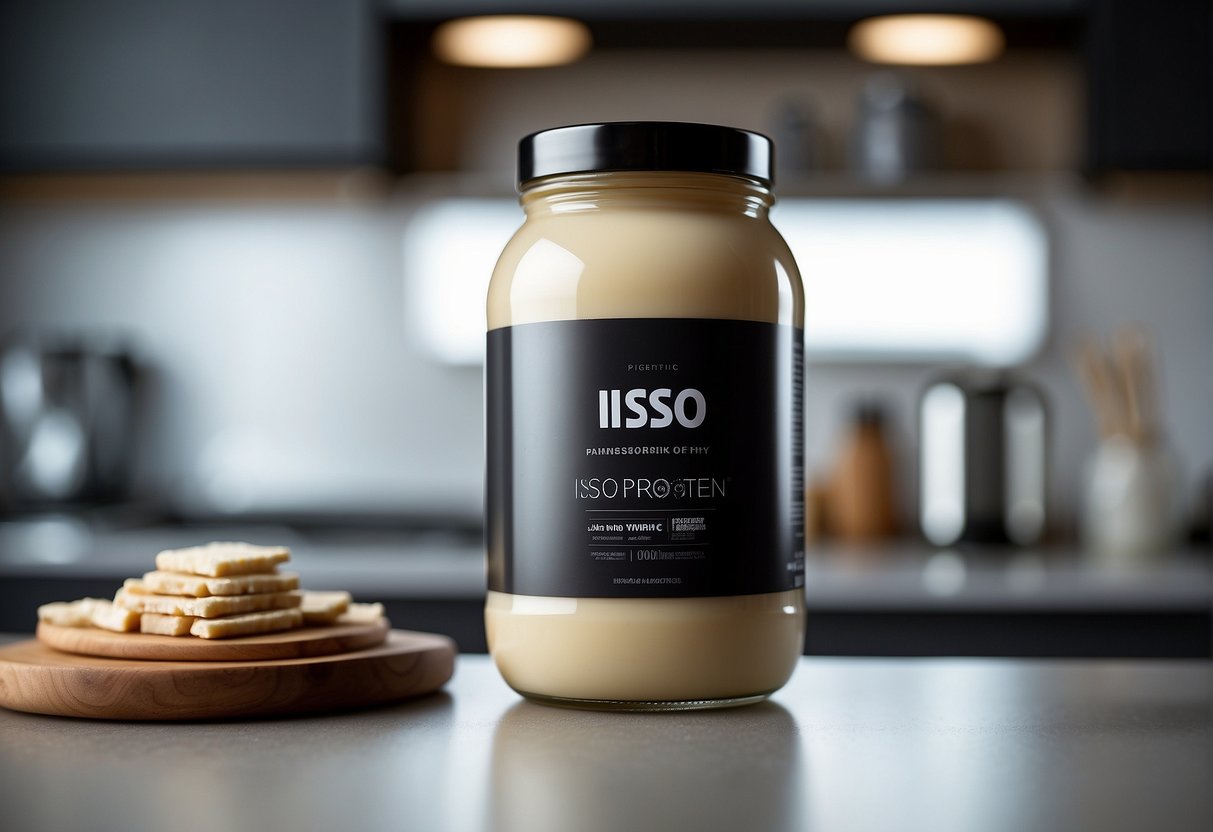 A jar of Iso Whey Protein sits on a sleek, modern kitchen counter. The label features bold, clean typography and a simple, minimalist design
