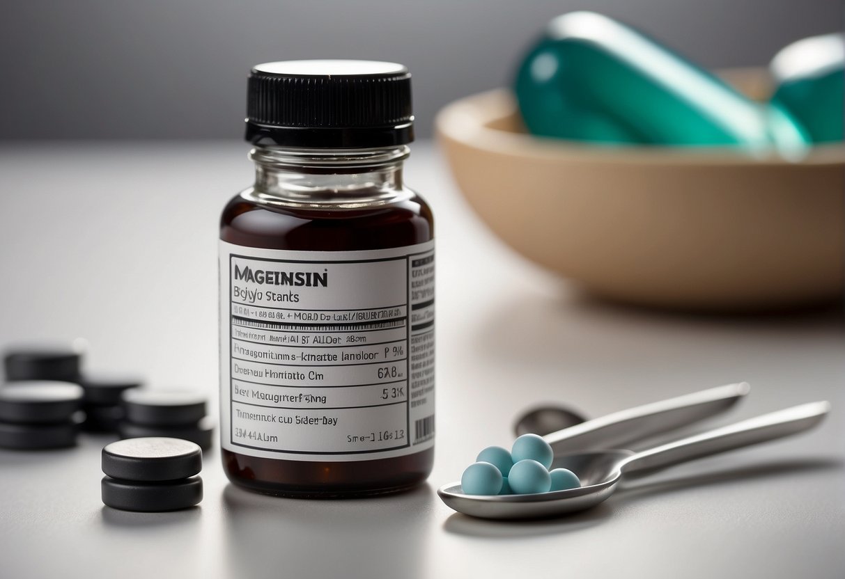 A bottle of magnesium bisglycinate stands on a clean, white surface, with the label clearly visible. The bottle is surrounded by a few loose tablets, and a measuring spoon sits next to it