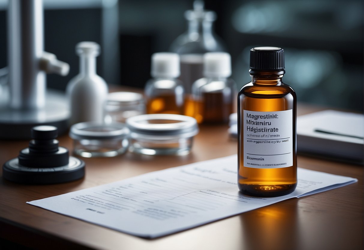 A bottle of magnesium bisglycinate sits on a laboratory table, surrounded by scientific equipment and research papers