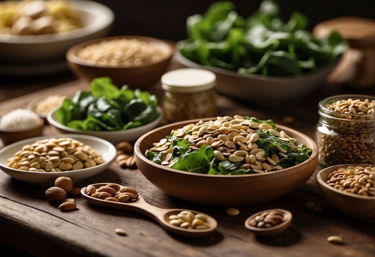 A table with various food and drink items, such as leafy greens, nuts, seeds, and whole grains, alongside a bottle of magnesium bisglycinate supplement