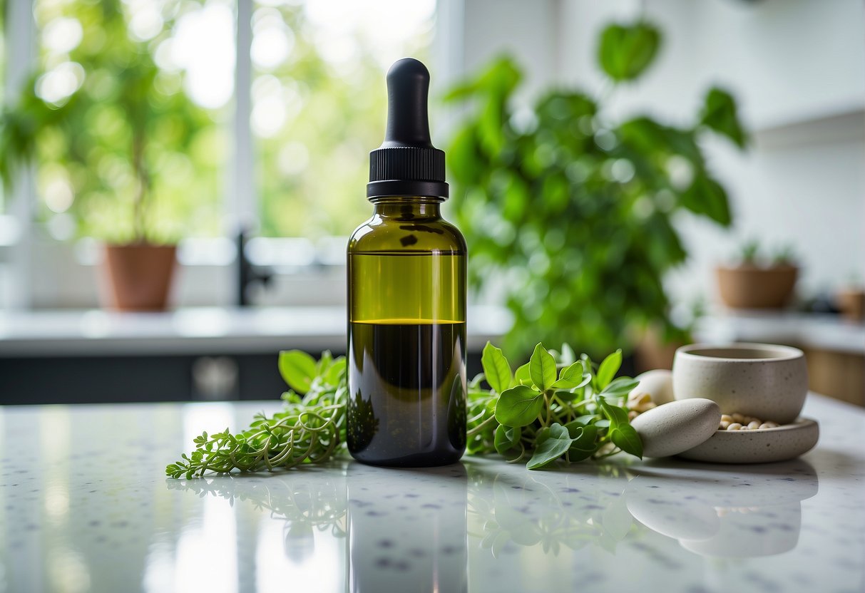 A bottle of magnesium citrate sits on a clean, white countertop, surrounded by a scattering of green, leafy herbs and a small mortar and pestle