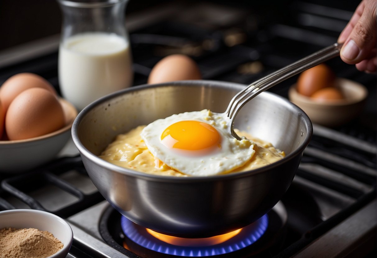 A mixing bowl with protein powder, eggs, and milk. A whisk stirring the ingredients. A frying pan on a stove