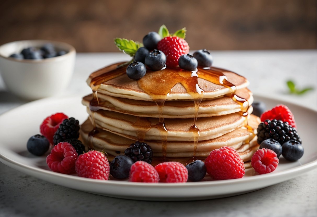 A stack of protein powder pancakes with fresh berries and a drizzle of syrup on a white plate, surrounded by a scattering of protein powder