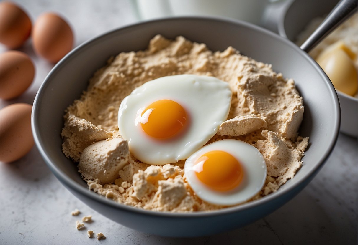 A bowl of protein powder, eggs, and milk mix in a large mixing bowl. A spatula stirs the batter until smooth