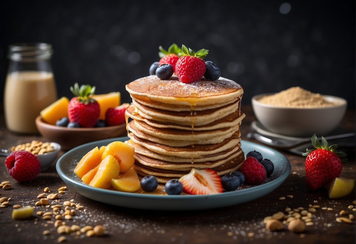 A stack of protein powder pancakes with fruits on top, surrounded by a measuring scoop and a protein shaker