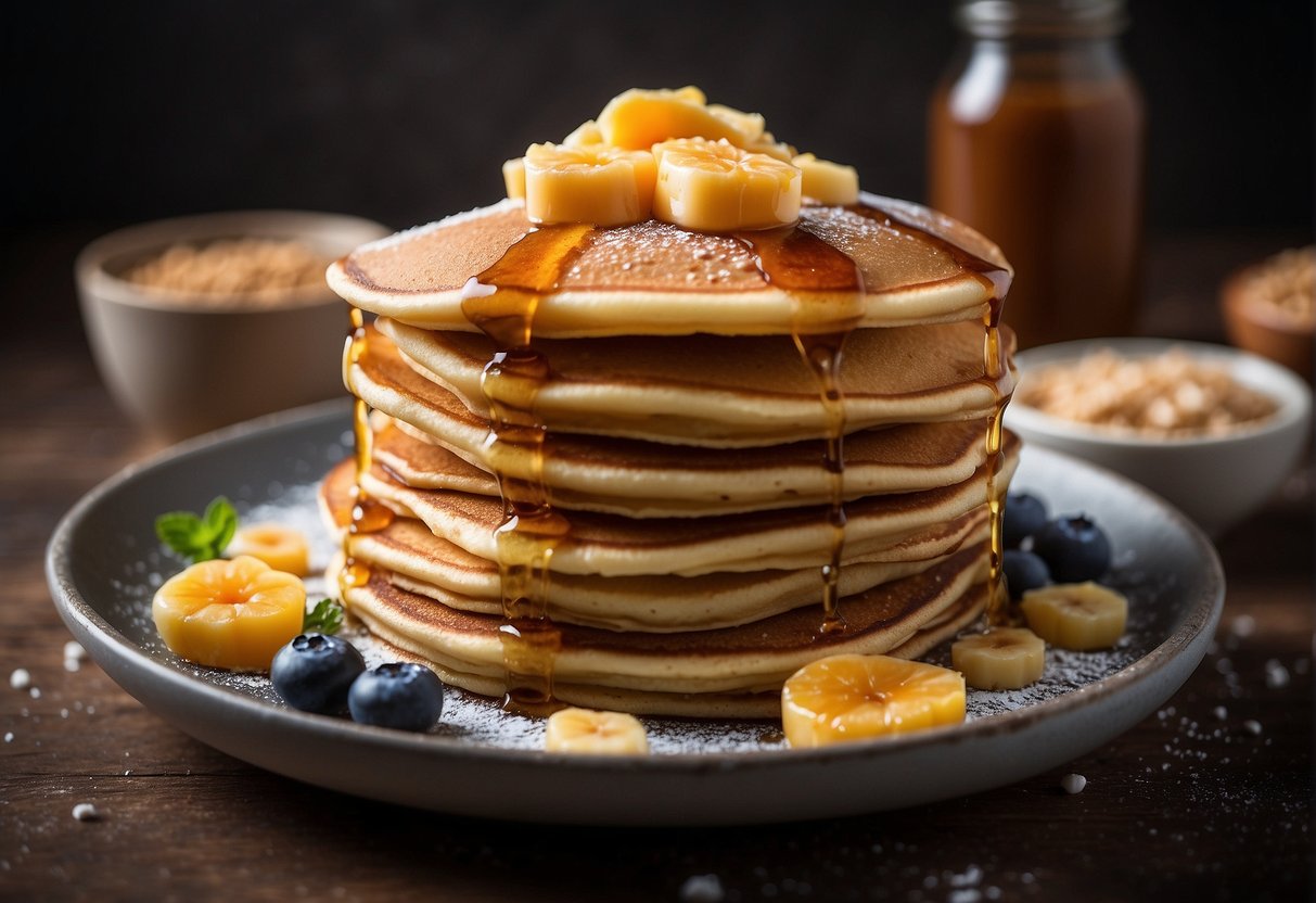 A stack of protein powder pancakes with various toppings and accessories