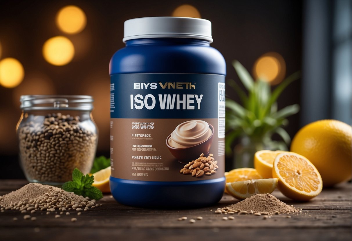 A container of iso whey protein surrounded by various flavor options and ingredients for mixing