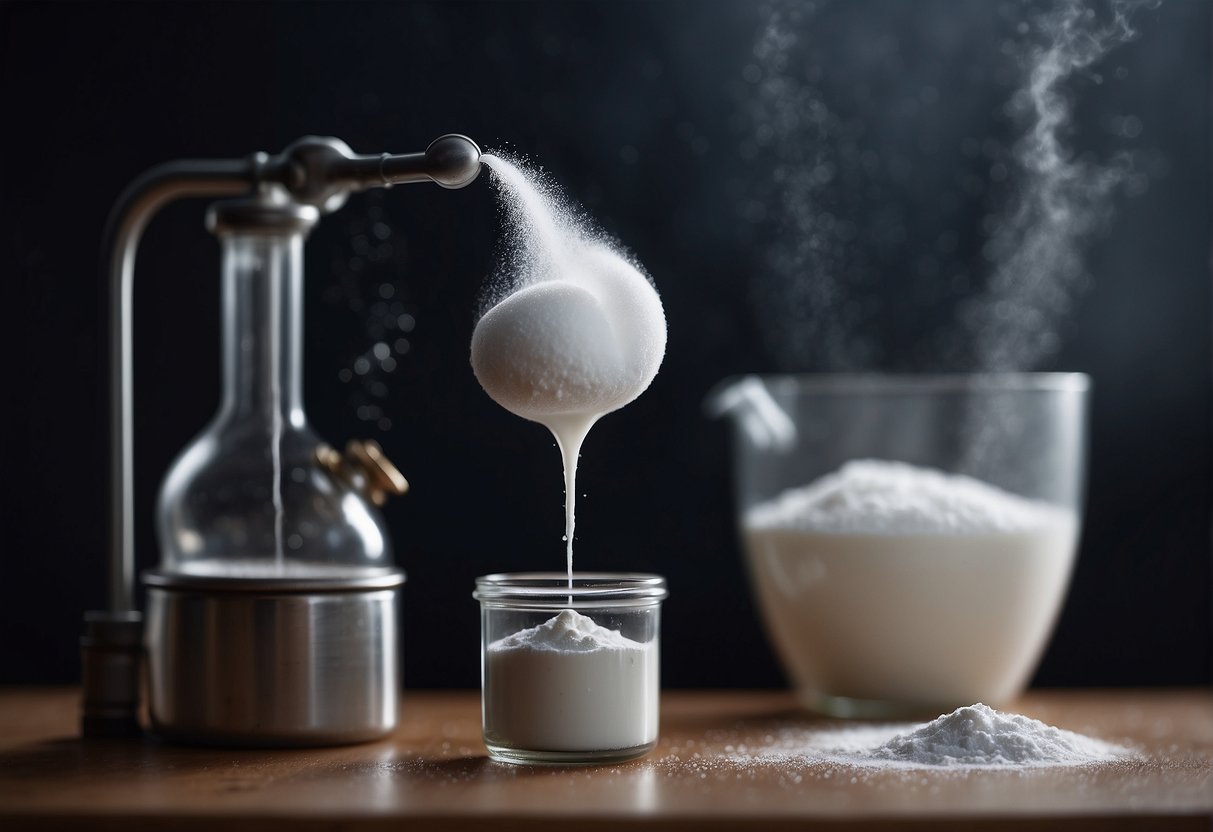 A white powder of magnesium bisglycinate pours from a small container onto a laboratory scale, creating a fine cloud in the air
