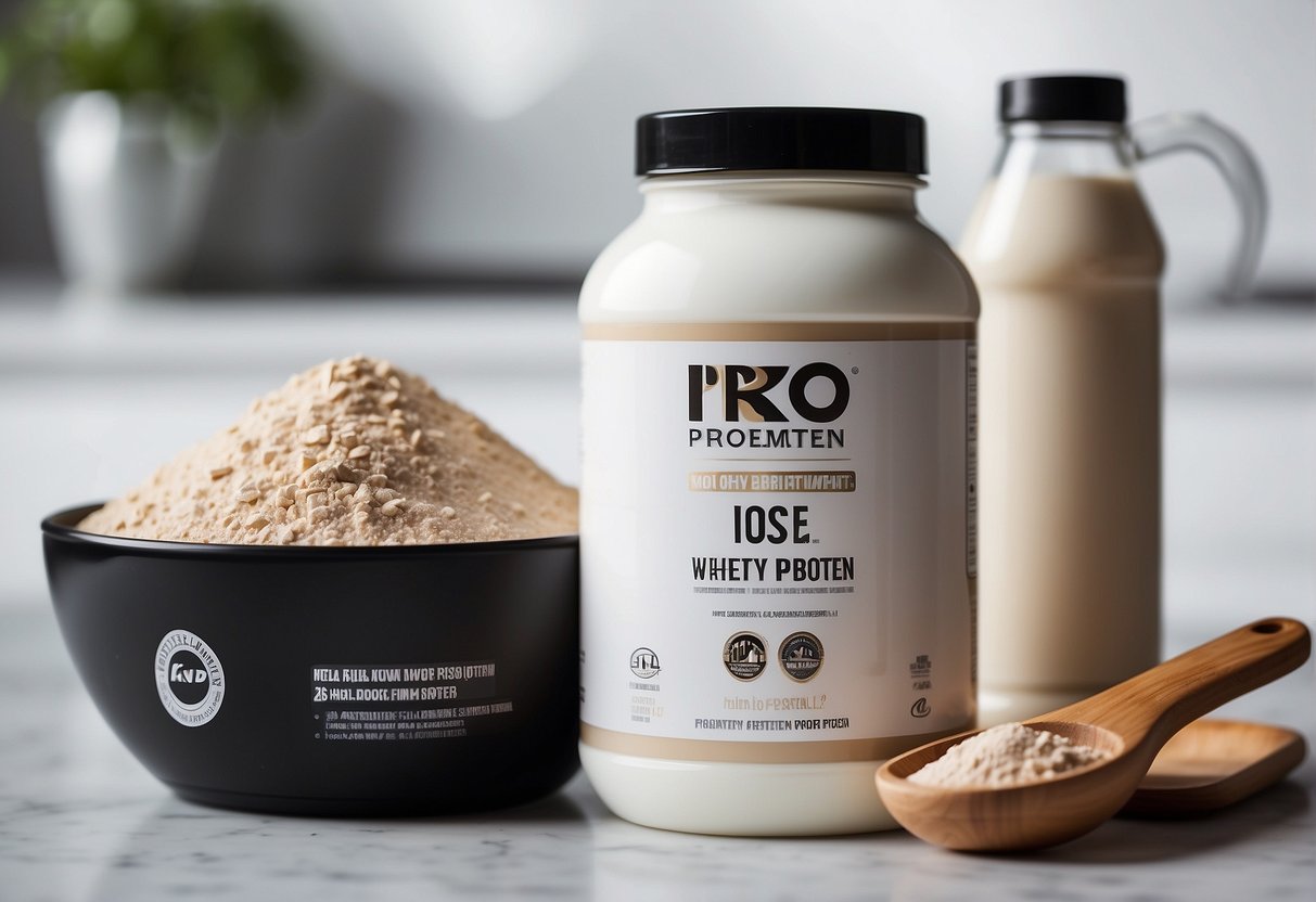 A tub of iso whey protein sits on a clean, white countertop with a scoop resting on top. A shaker bottle is nearby, filled with a creamy protein shake