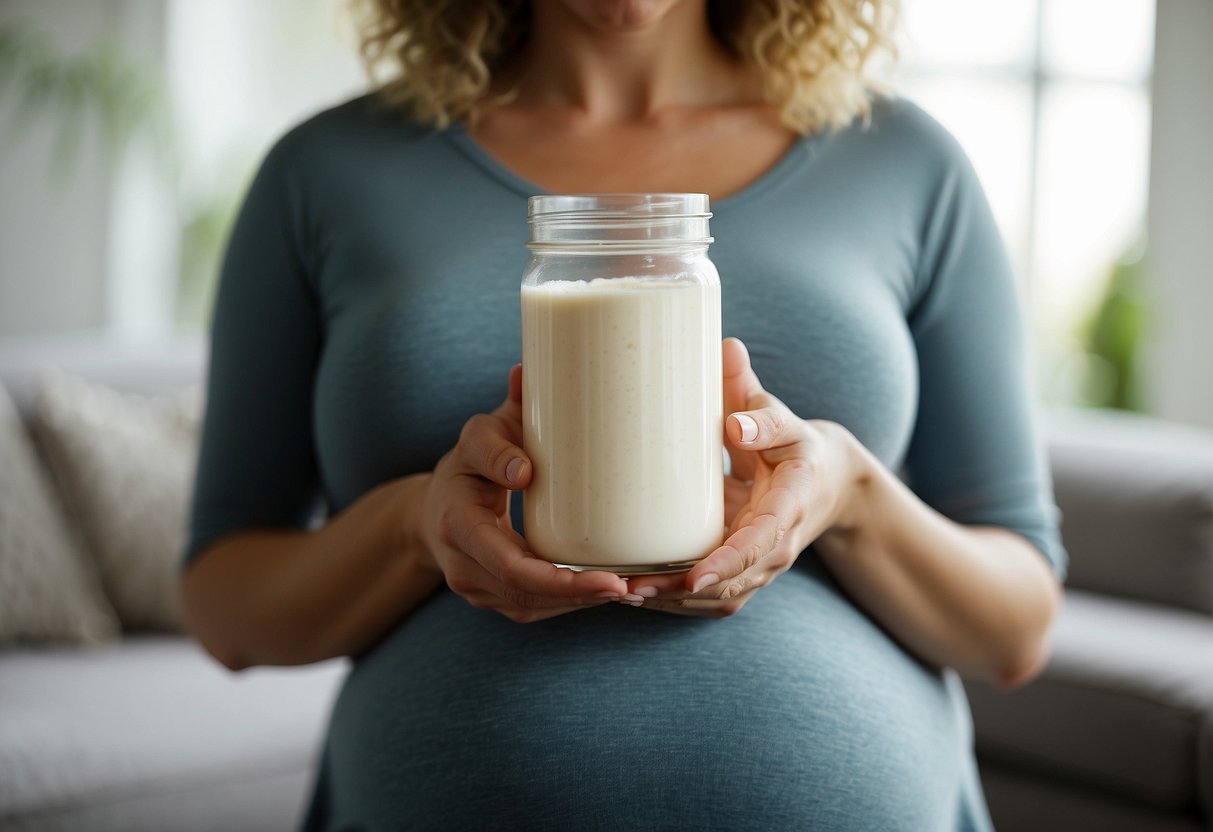 A pregnant woman holding a container of protein powder while reading about the increased protein needs during pregnancy