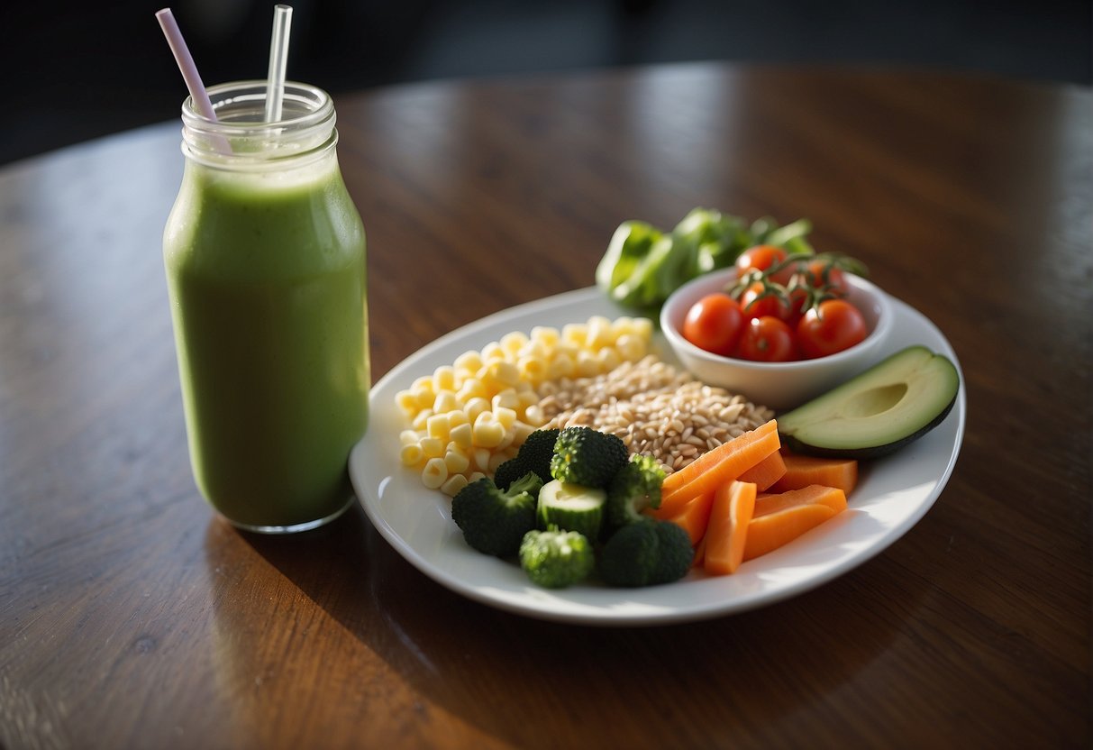 A plate of healthy food and a recovery drink on a gym floor