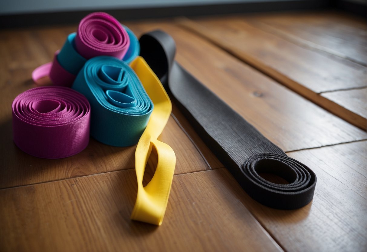 A resistance band and a yoga mat on the floor for glute exercises