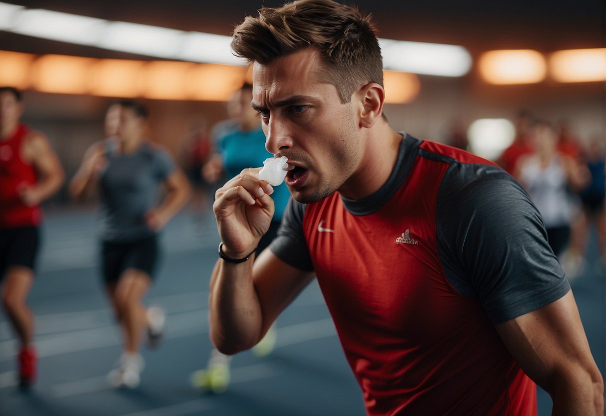 A person coughing while exercising, with a red, irritated throat