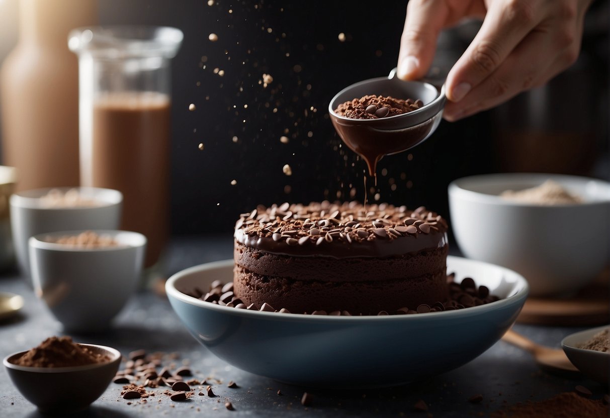 A protein powder chocolate cake being mixed in a bowl with ingredients scattered around on a kitchen counter