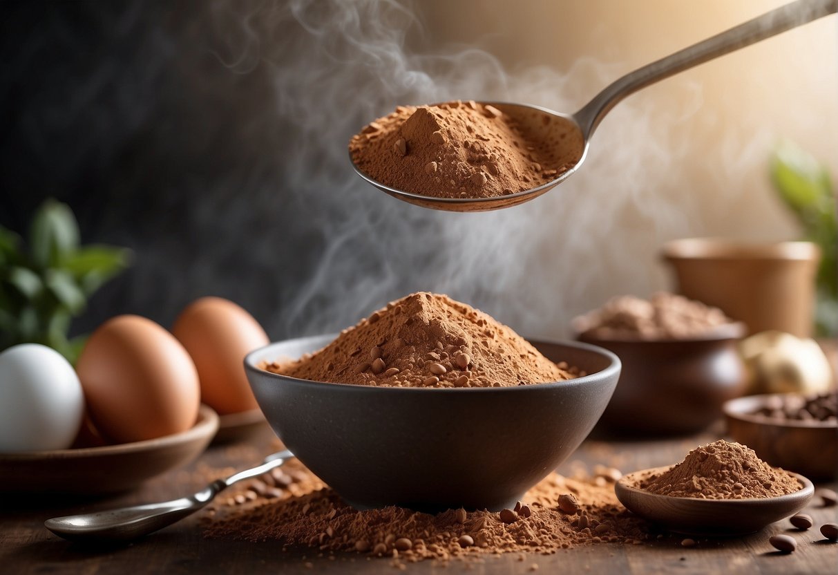 A mixing bowl with protein powder, eggs, and a spoon. A cloud of cocoa powder hangs in the air as the ingredients are being mixed together