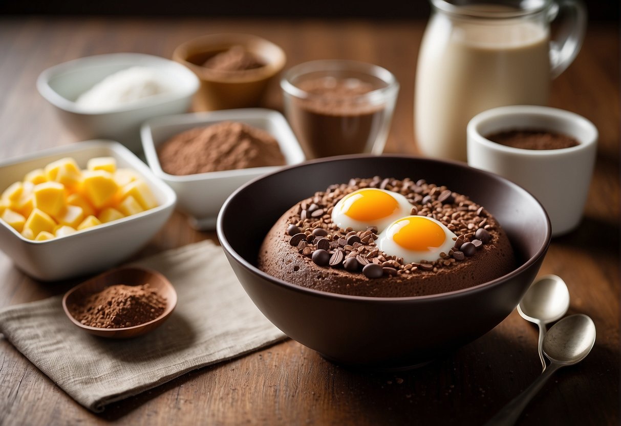 A mixing bowl with protein powder, eggs, and cocoa powder, surrounded by measuring spoons and a recipe card for "Protein Powder Chocolate Cake."
