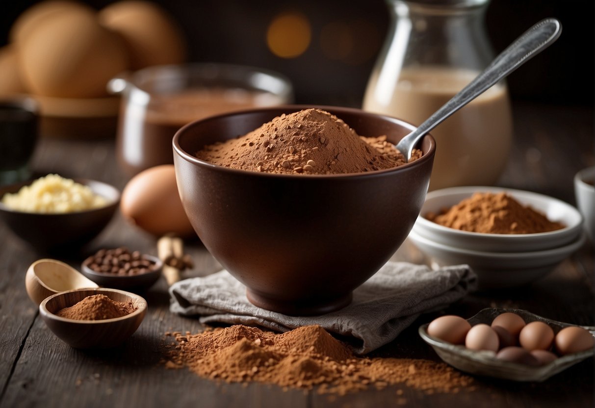 A mixing bowl with protein powder, eggs, and cocoa powder. A spoon stirs the ingredients together to form a thick, chocolatey batter