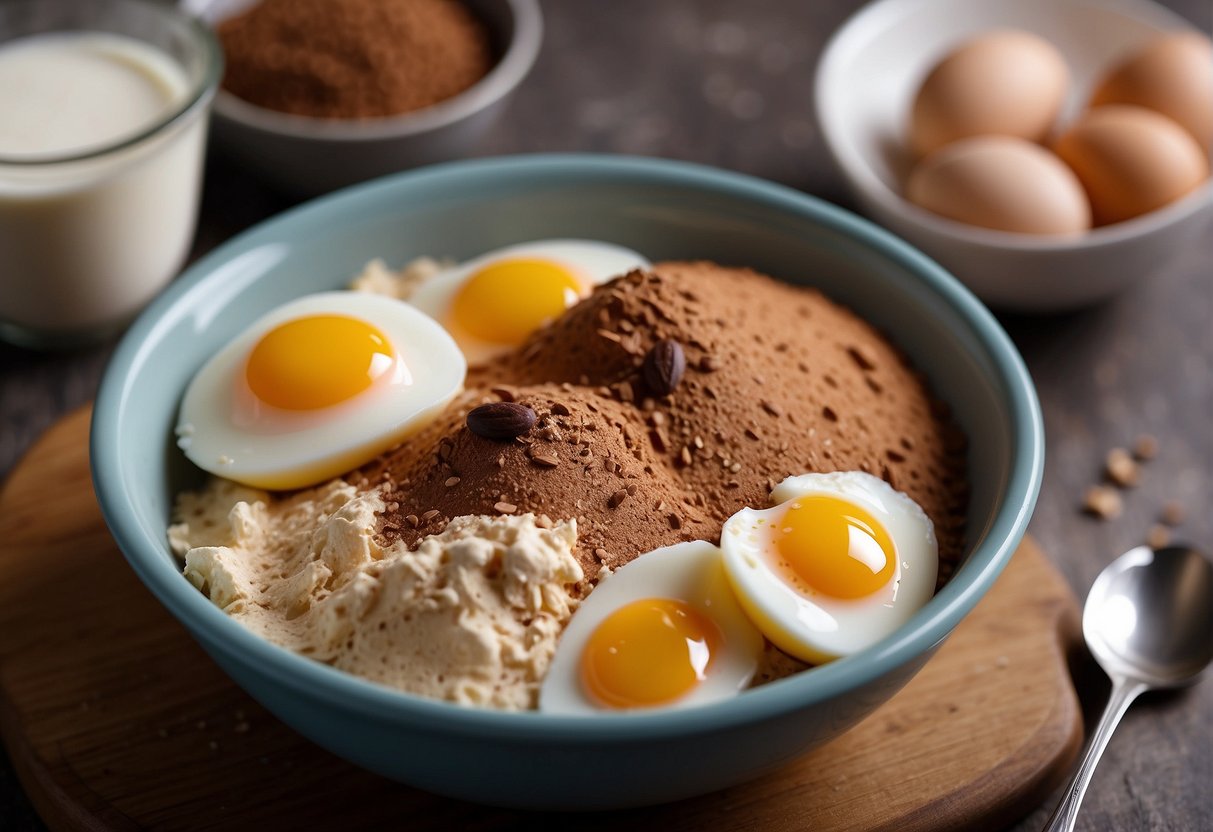 A mixing bowl with protein powder, cocoa, and eggs. A spoon stirs the ingredients together, creating a thick batter. A baking pan sits nearby, ready to receive the mixture