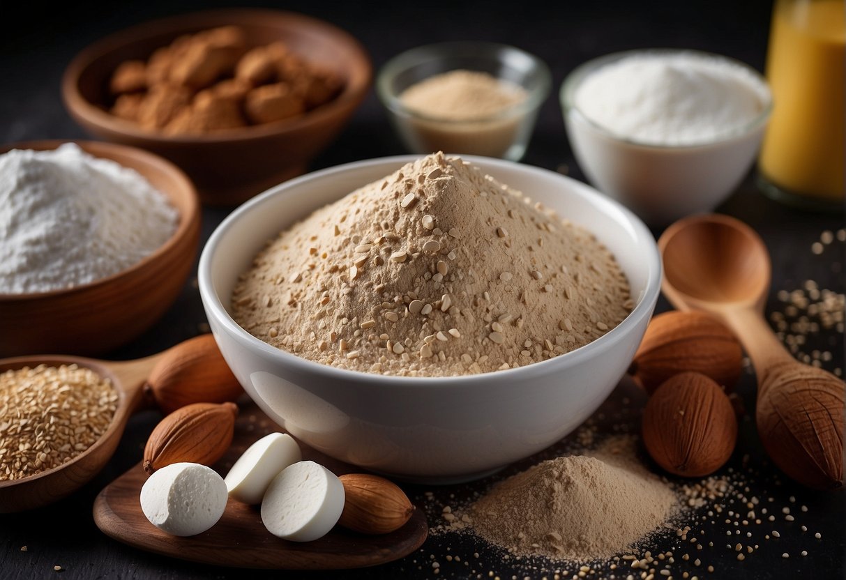A mixing bowl filled with protein powder, surrounded by ingredients for protein powder kladdkaka