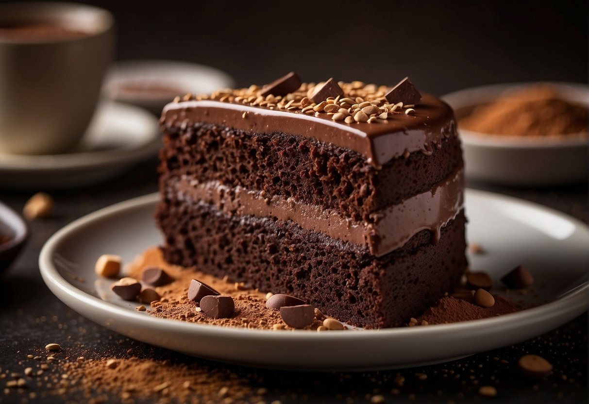 A protein powder chocolate cake sits on a plate, surrounded by scattered crumbs and a dusting of cocoa powder