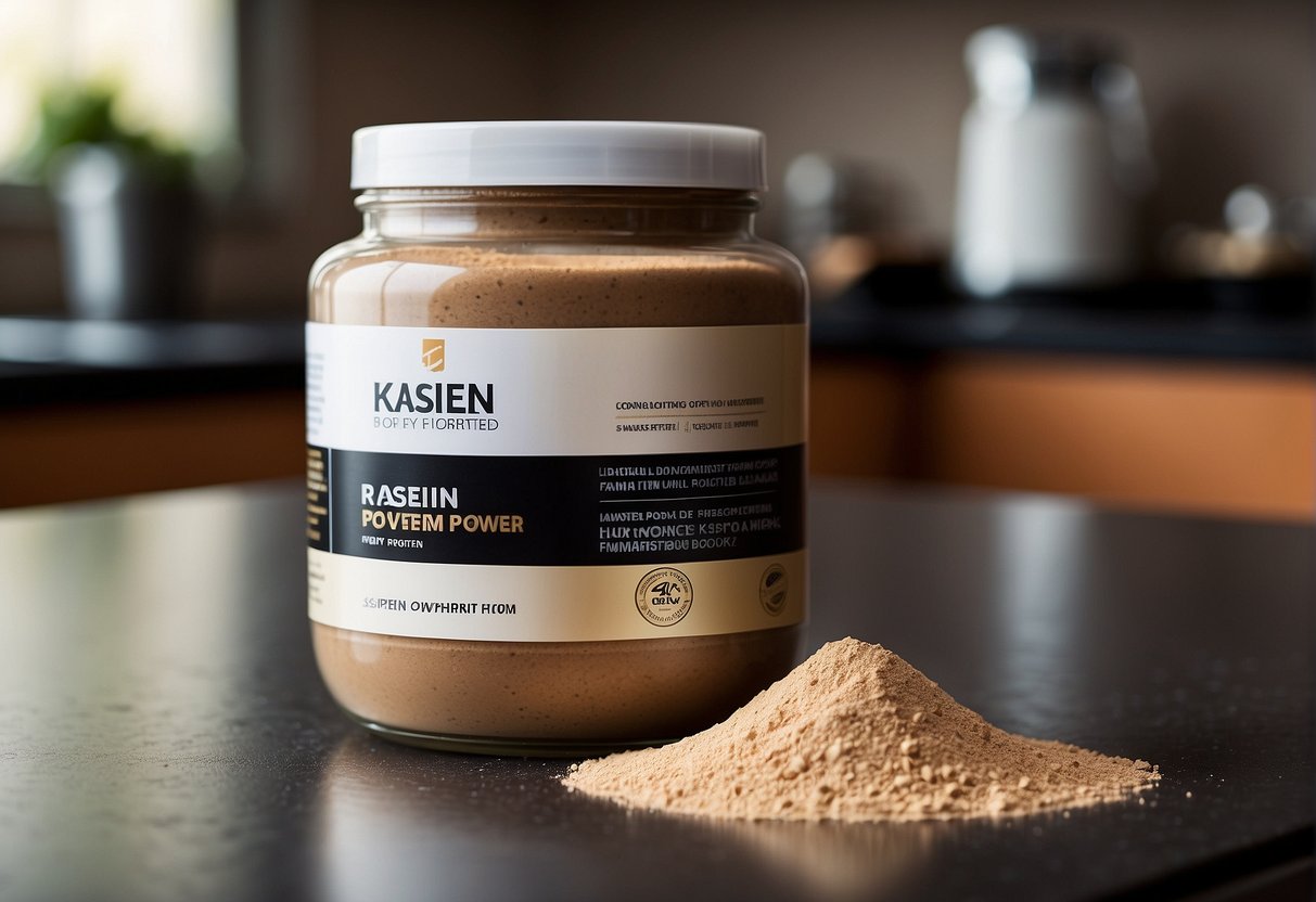 A jar of kasein protein powder sits on a kitchen counter next to a scoop and shaker bottle