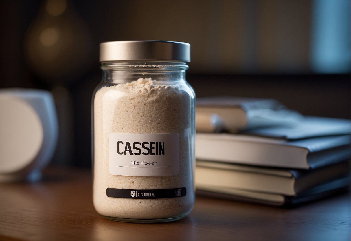 A jar of casein protein powder sits on a bedside table before bedtime