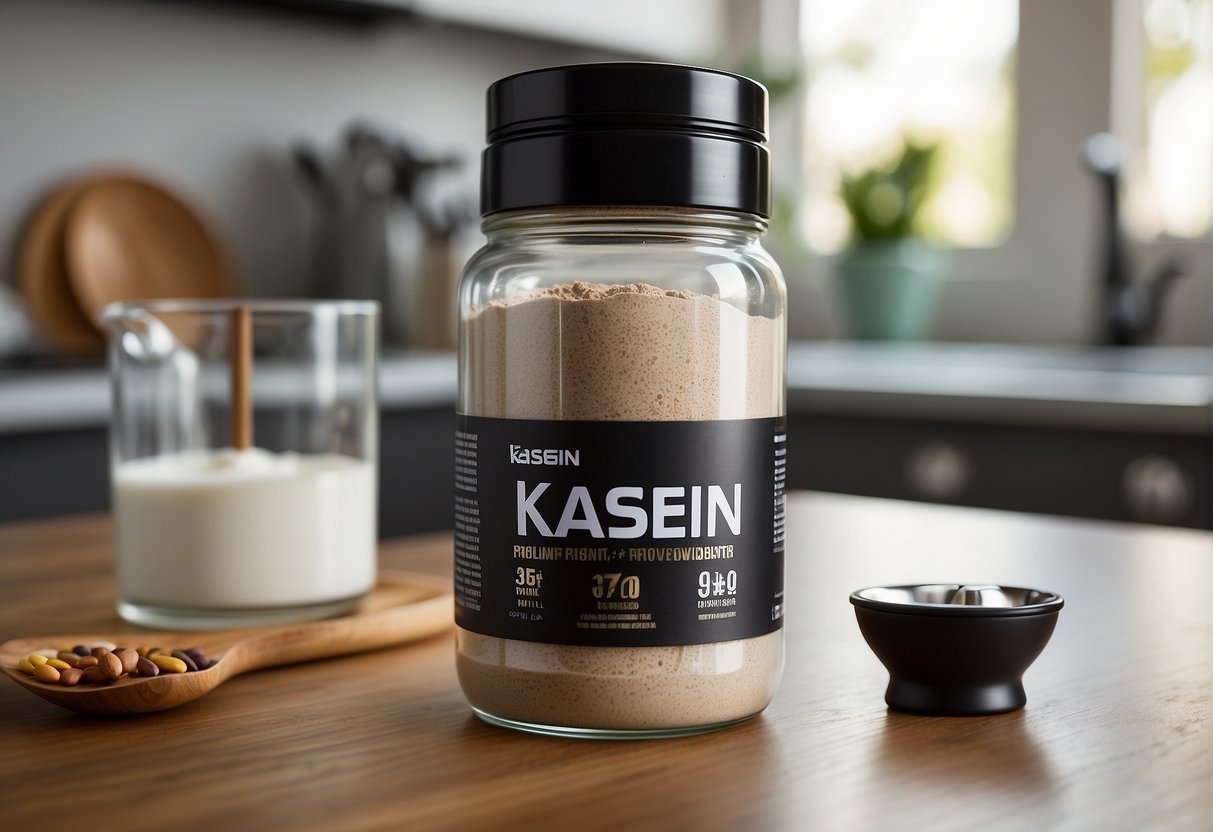 A jar of kasein protein powder sits on a clean kitchen counter, surrounded by a scoop and a shaker bottle. The label prominently displays the product name and key benefits