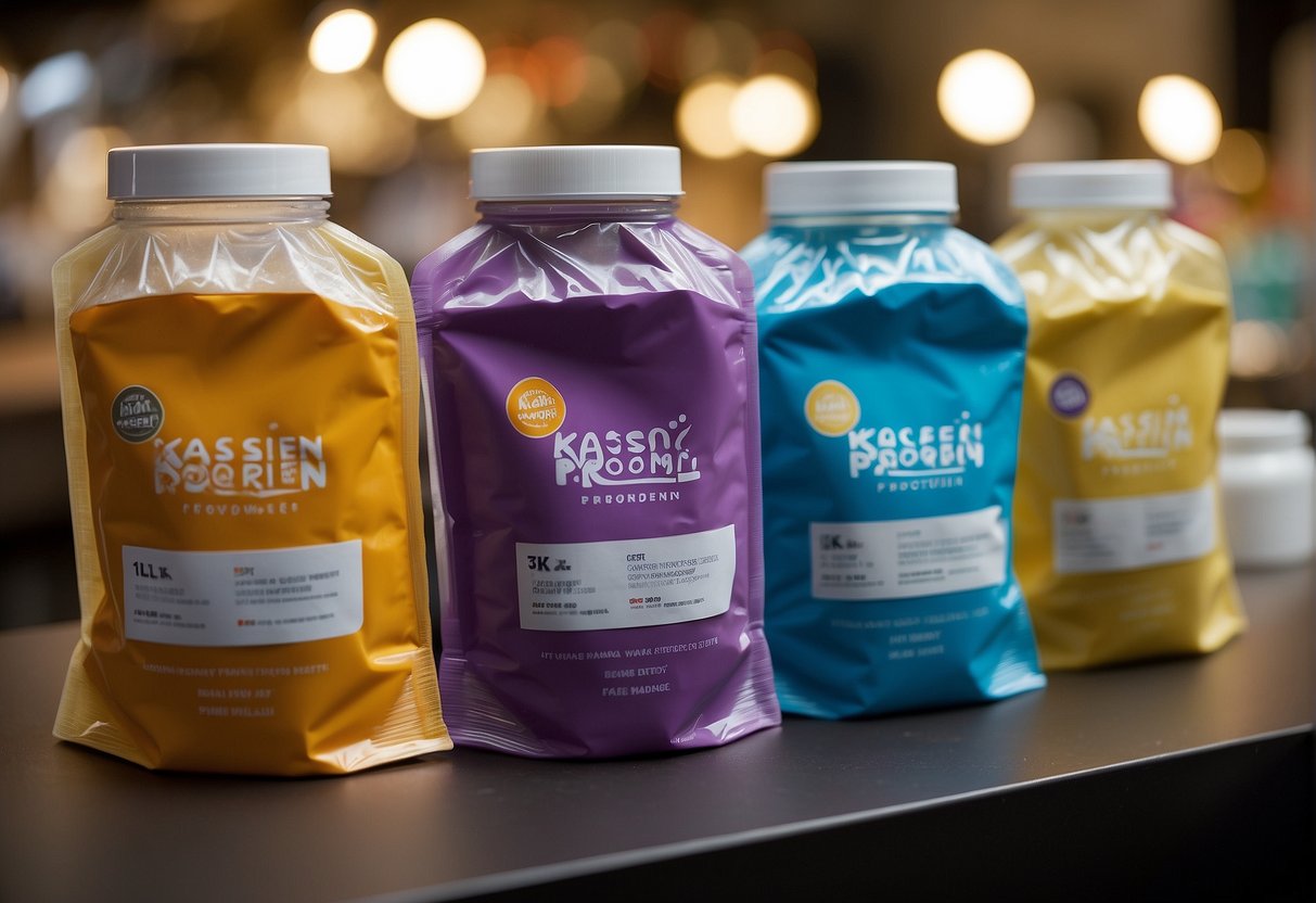 A market stall displays bags of Kasein protein powder, with colorful packaging and promotional signs