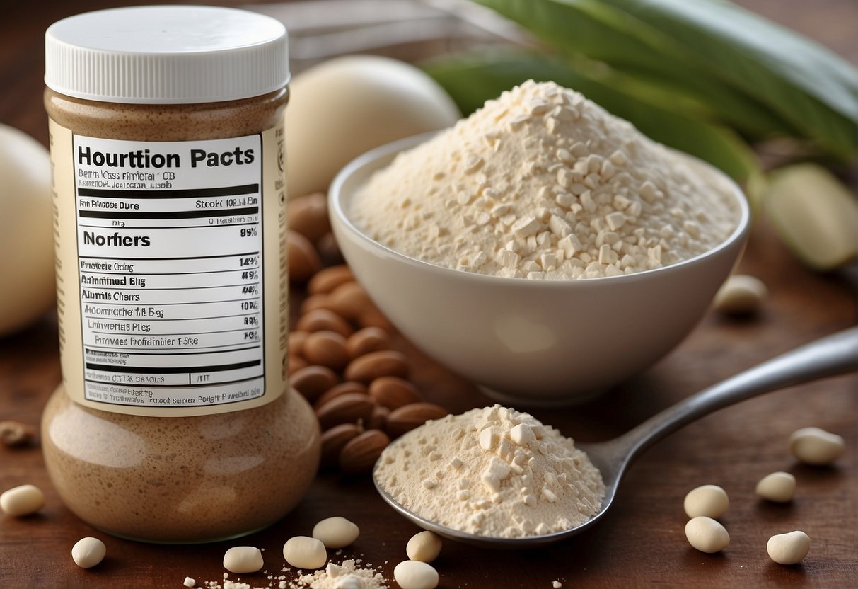 A scoop of casein protein powder surrounded by ingredients and nutrition facts label