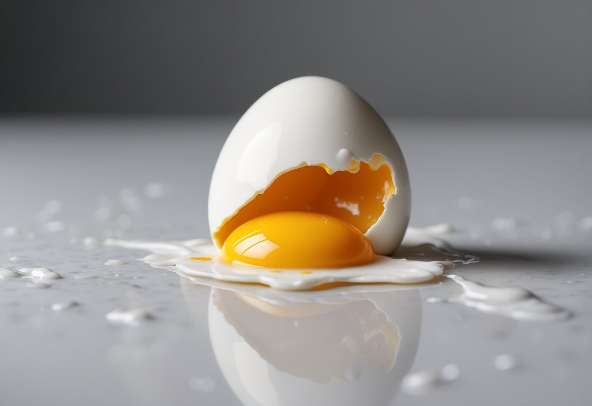 A cracked egg with white and yolk spilling out onto a clean, white surface