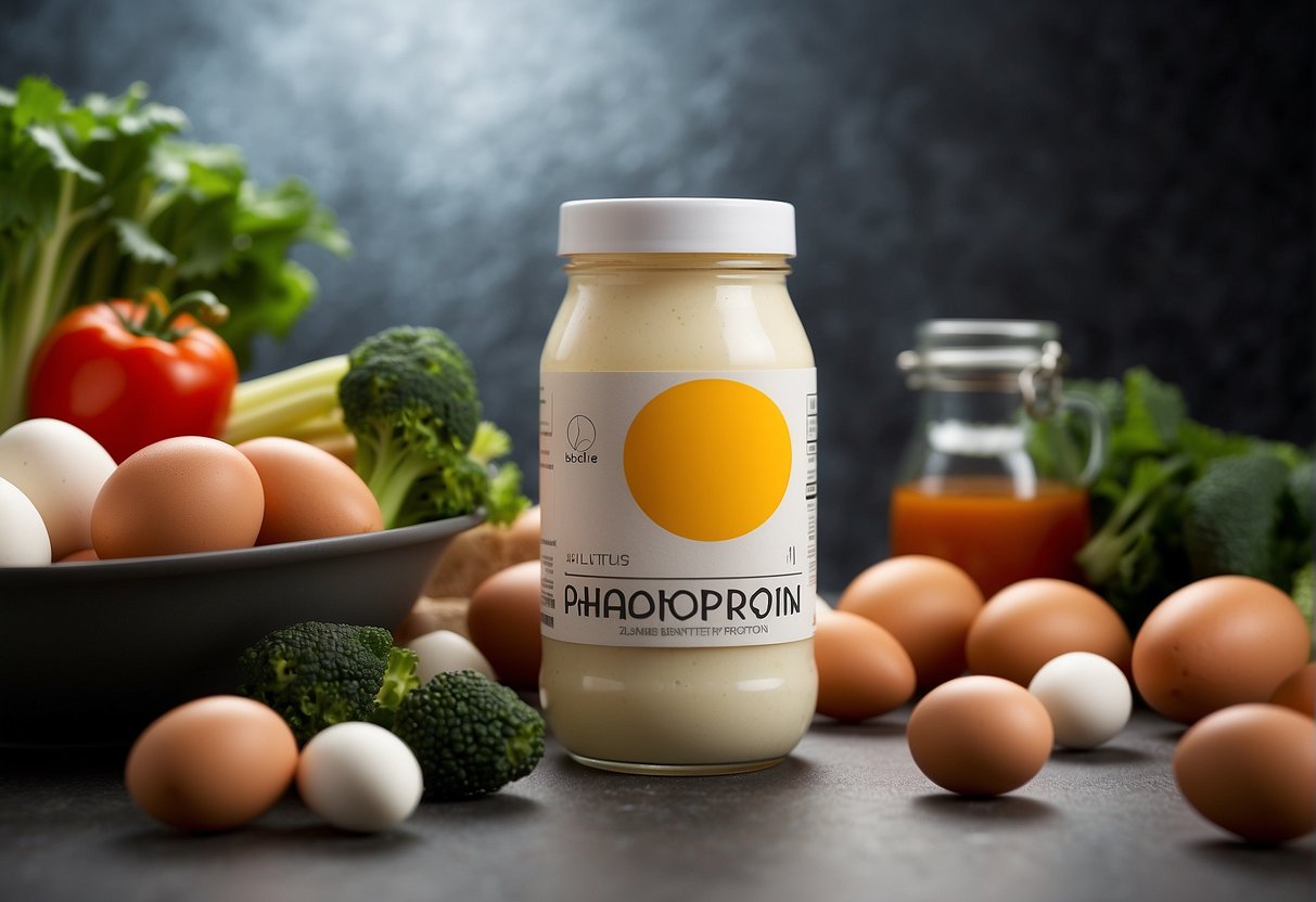 A carton of eggs with a label "Hälsobenefiter av Äggprotein" surrounded by fresh vegetables and a protein shake