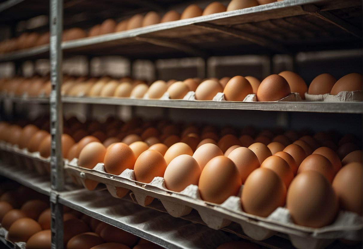 A carton of eggs sits on a shelf in a cool, dry storage room, ensuring their freshness and sustainability