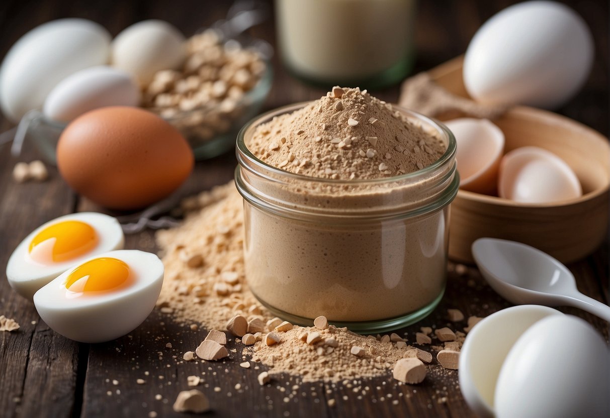 A carton of egg protein powder surrounded by question marks and a list of frequently asked questions