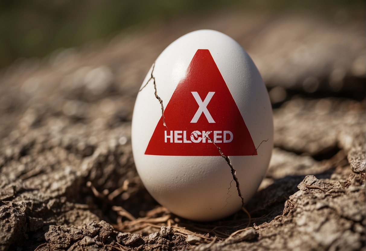 A cracked egg with a warning sign and a red X symbol