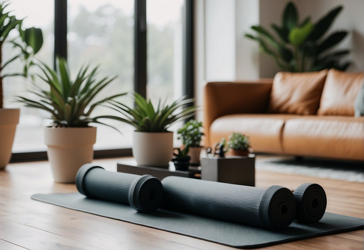 A cozy living room with a yoga mat, resistance bands, and dumbbells set up for a home workout. A large window lets in natural light, and a plant adds a touch of greenery