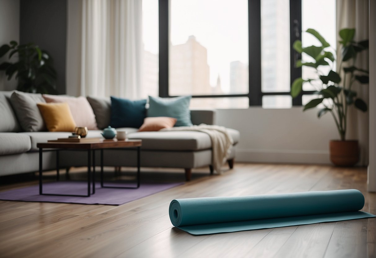 A cozy living room with a yoga mat, dumbbells, and a resistance band laid out. A large window lets in natural light, creating a peaceful atmosphere for at-home workouts