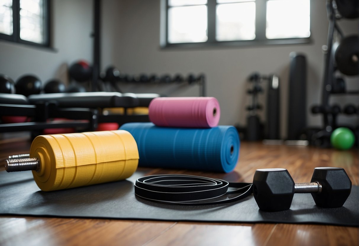 A home gym setup with dumbbells, yoga mat, resistance bands, and exercise ball