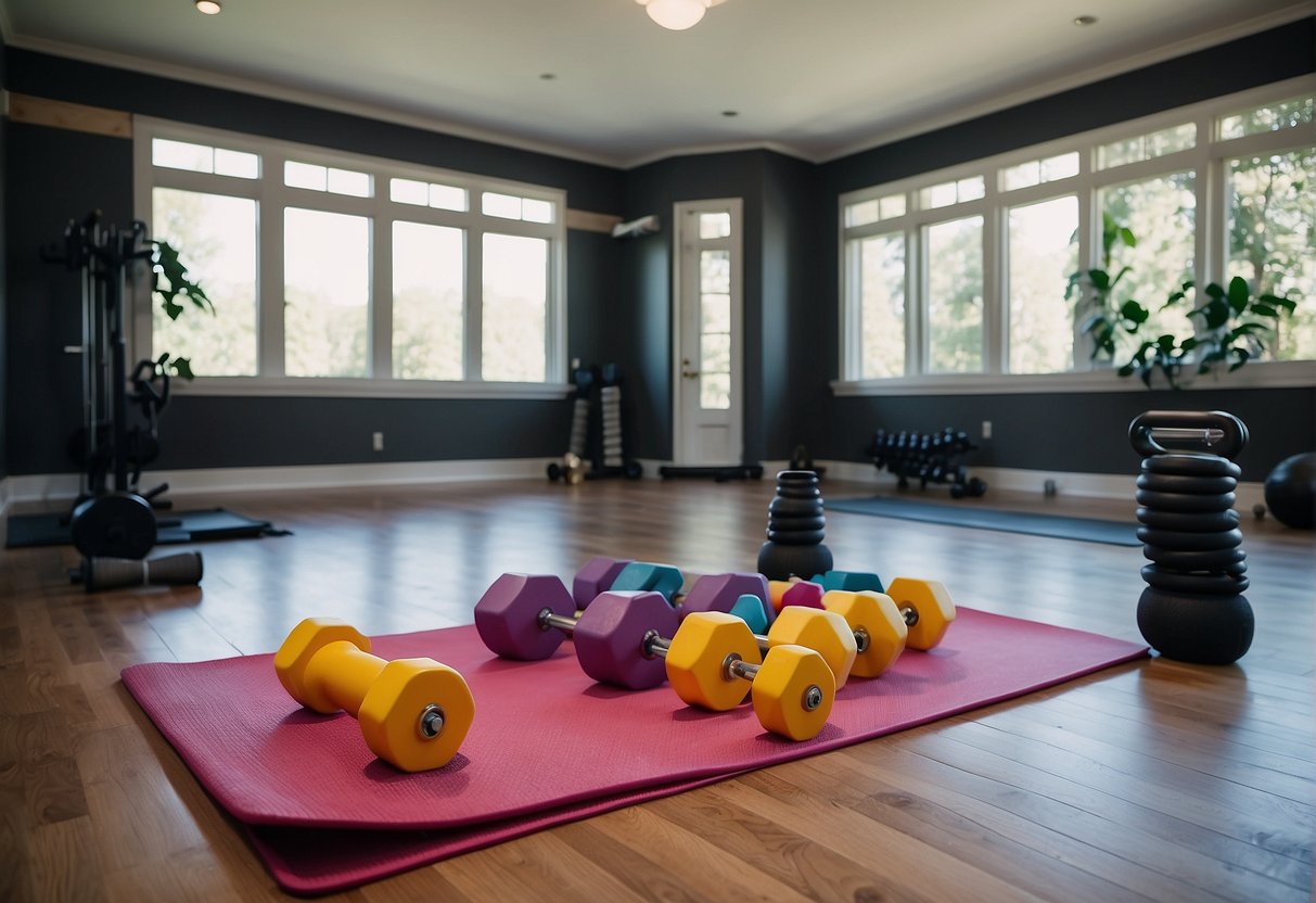 A home gym with a yoga mat, dumbbells, and resistance bands