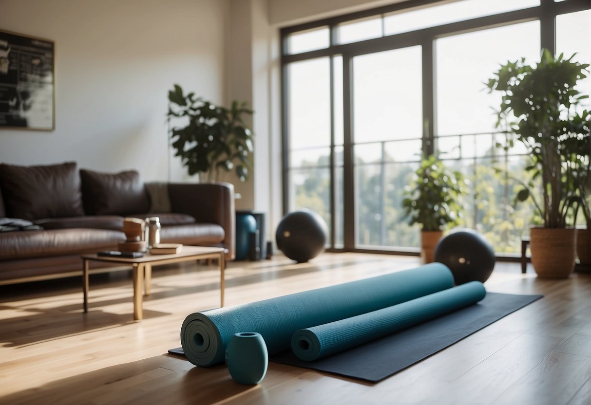 A well-lit living room with exercise equipment neatly arranged. A yoga mat, resistance bands, and dumbbells are visible. A large mirror reflects the space