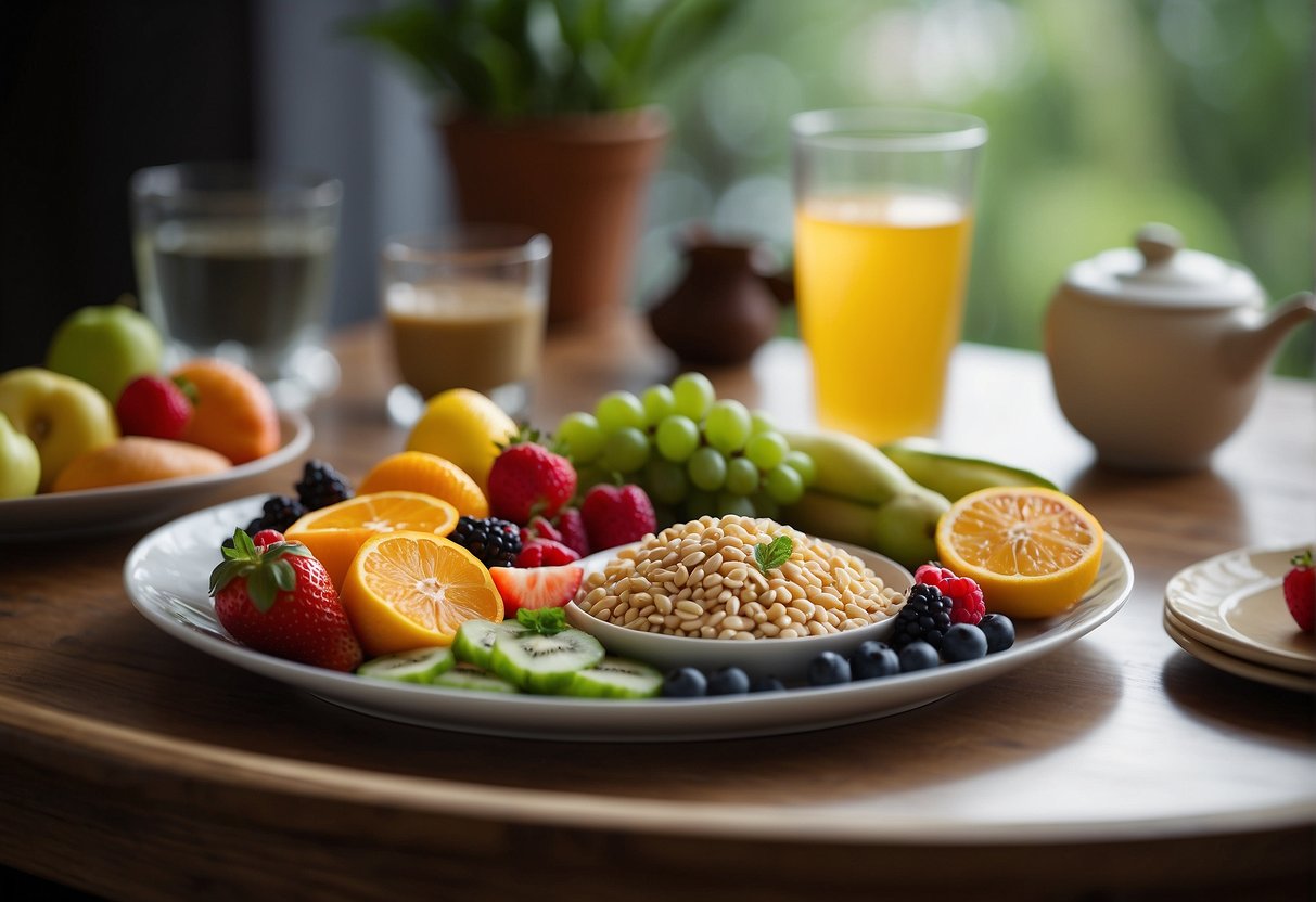 A table filled with colorful fruits, vegetables, grains, and lean proteins. A glass of water sits next to a plate with a balanced meal