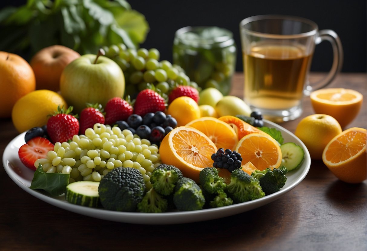 A colorful array of fruits, vegetables, grains, and protein sources arranged on a plate, with a glass of water beside it