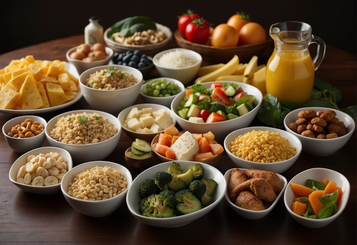 A table with various types of food arranged in specific portions and labeled with dietary requirements