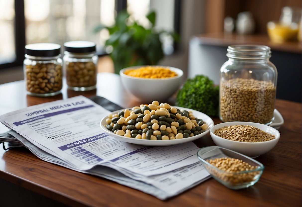 A table filled with various supplements and superfoods, with a meal plan chart in the background