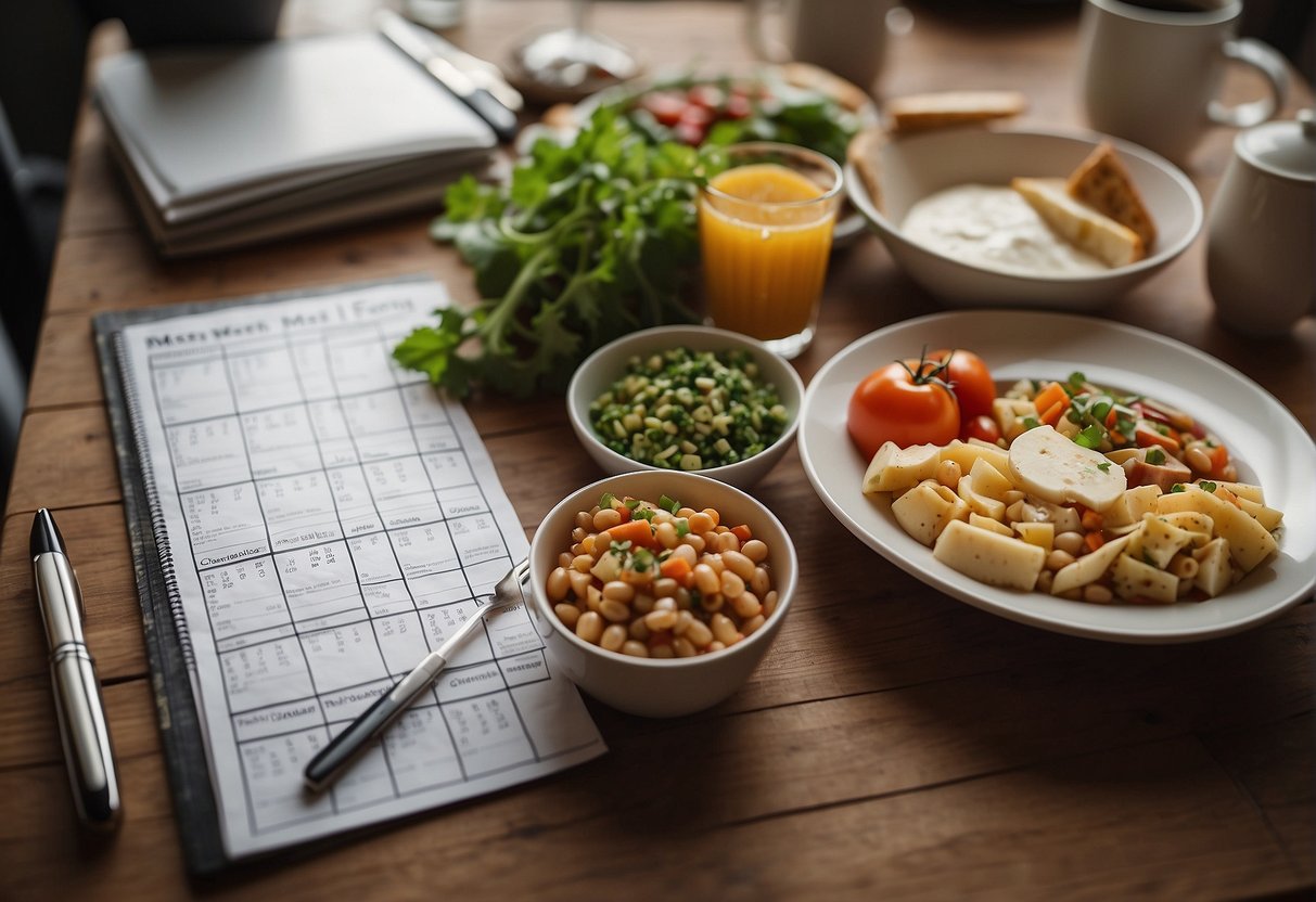 A table with a neatly organized meal plan, surrounded by a calendar and a checklist for tracking progress