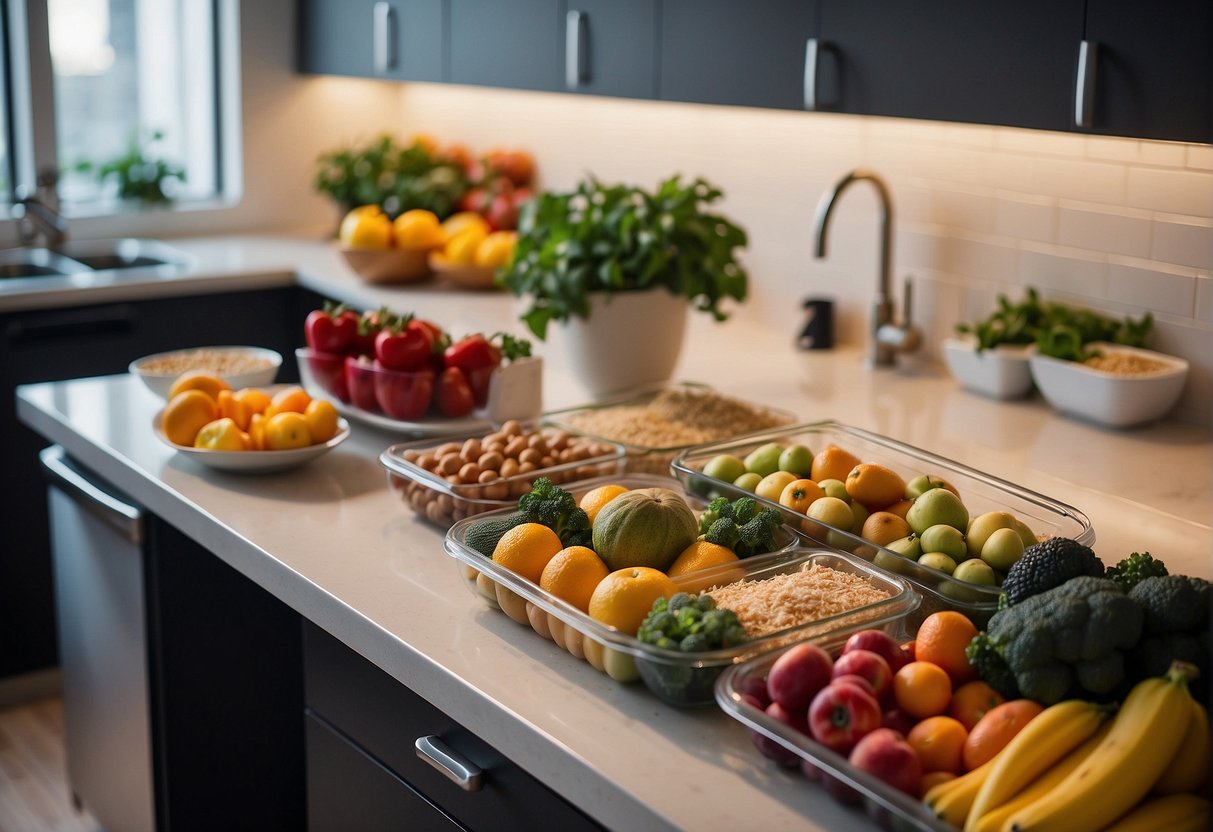 A kitchen with a neatly organized meal prep area, including fresh fruits and vegetables, lean proteins, and whole grains