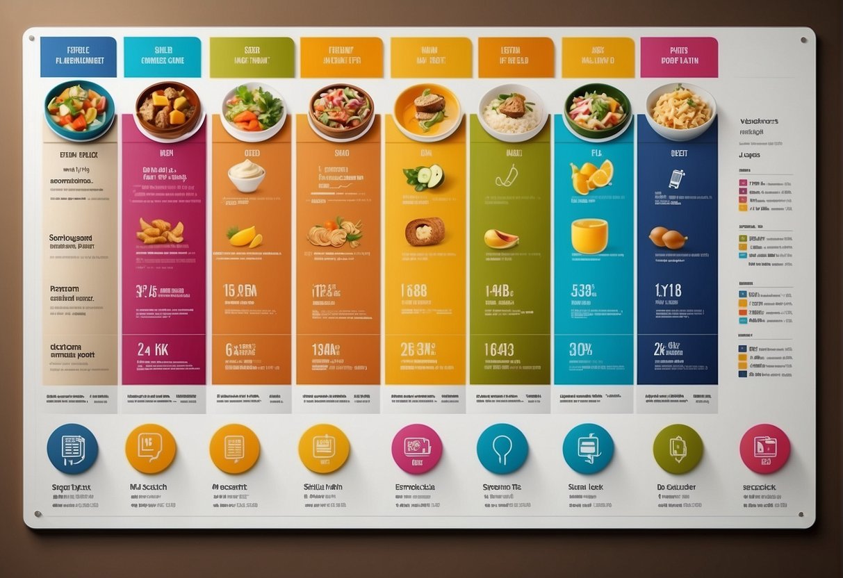 A detailed meal plan chart displayed on a white background with colorful food icons and labeled sections