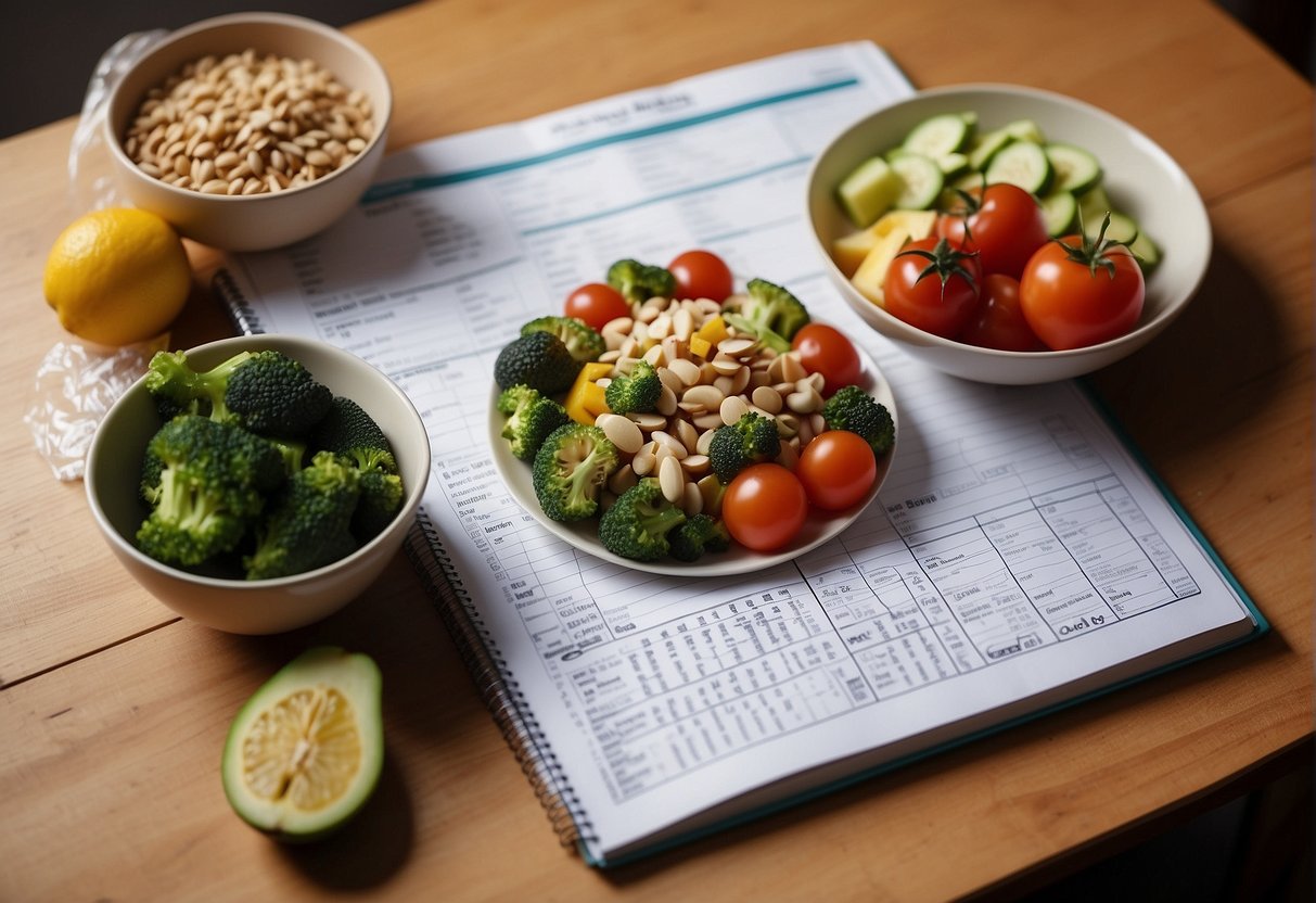 A table with a meal plan chart, surrounded by various healthy food items and a notebook with a pen