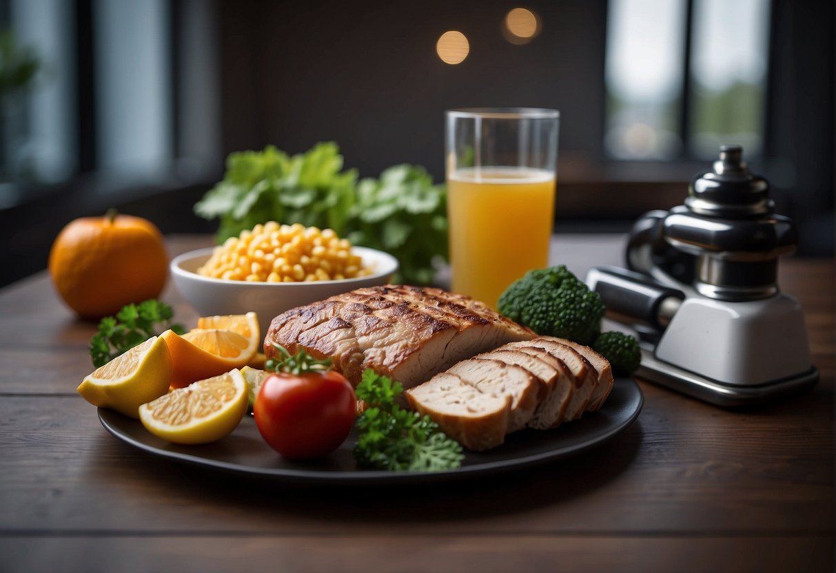 A table set with healthy food and a weightlifting bar for shoulder exercises