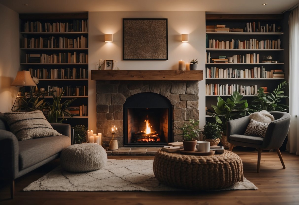 A cozy living room with a crackling fireplace and warm blankets, surrounded by shelves filled with books and plants