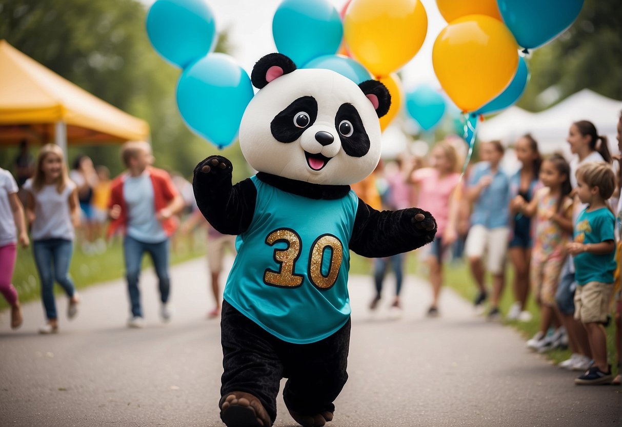 A colorful panda mascot dances with joy surrounded by happy children and vibrant balloons at a lively outdoor event for the Pändy brand
